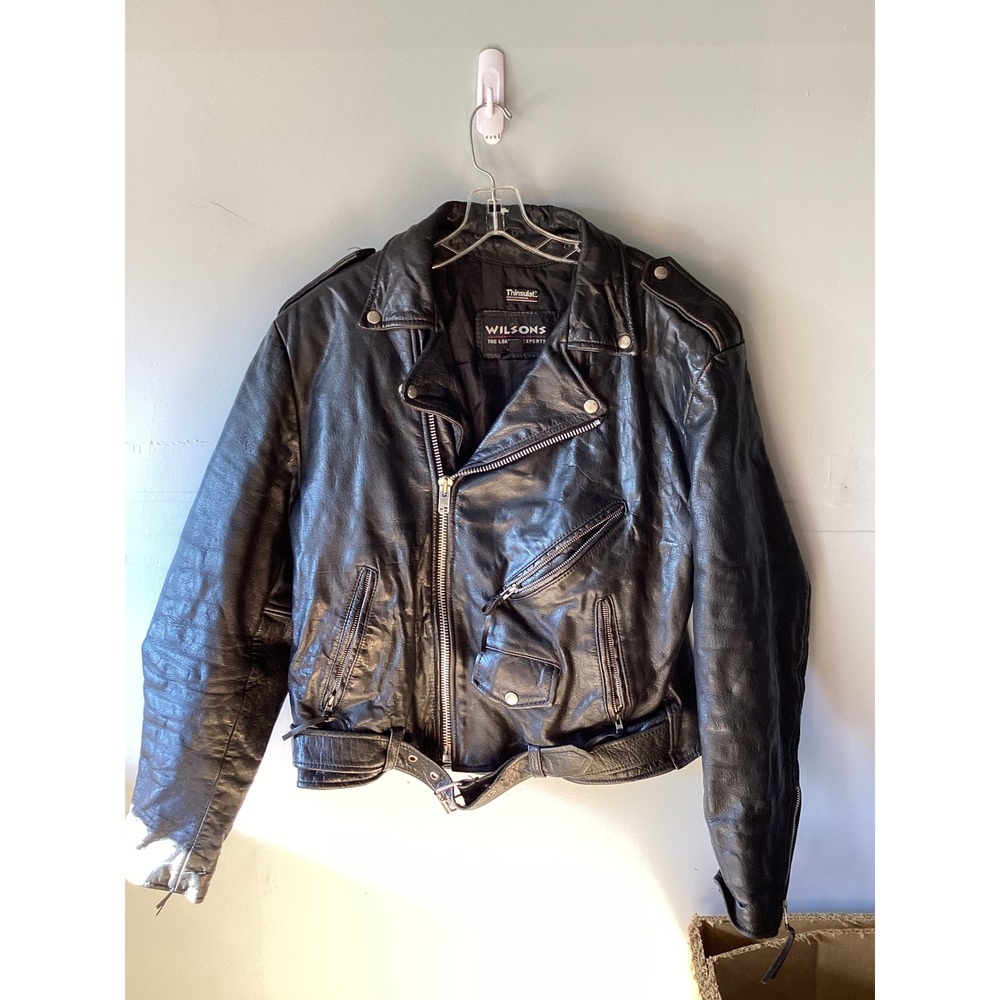 Wilsons Leather Experts Mens Black Leather Biker Jacket Thinsulate Lined Large